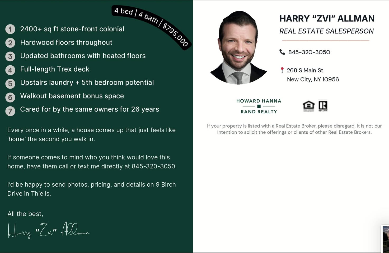 Postcard back: seven home features, a short note and agent contact details