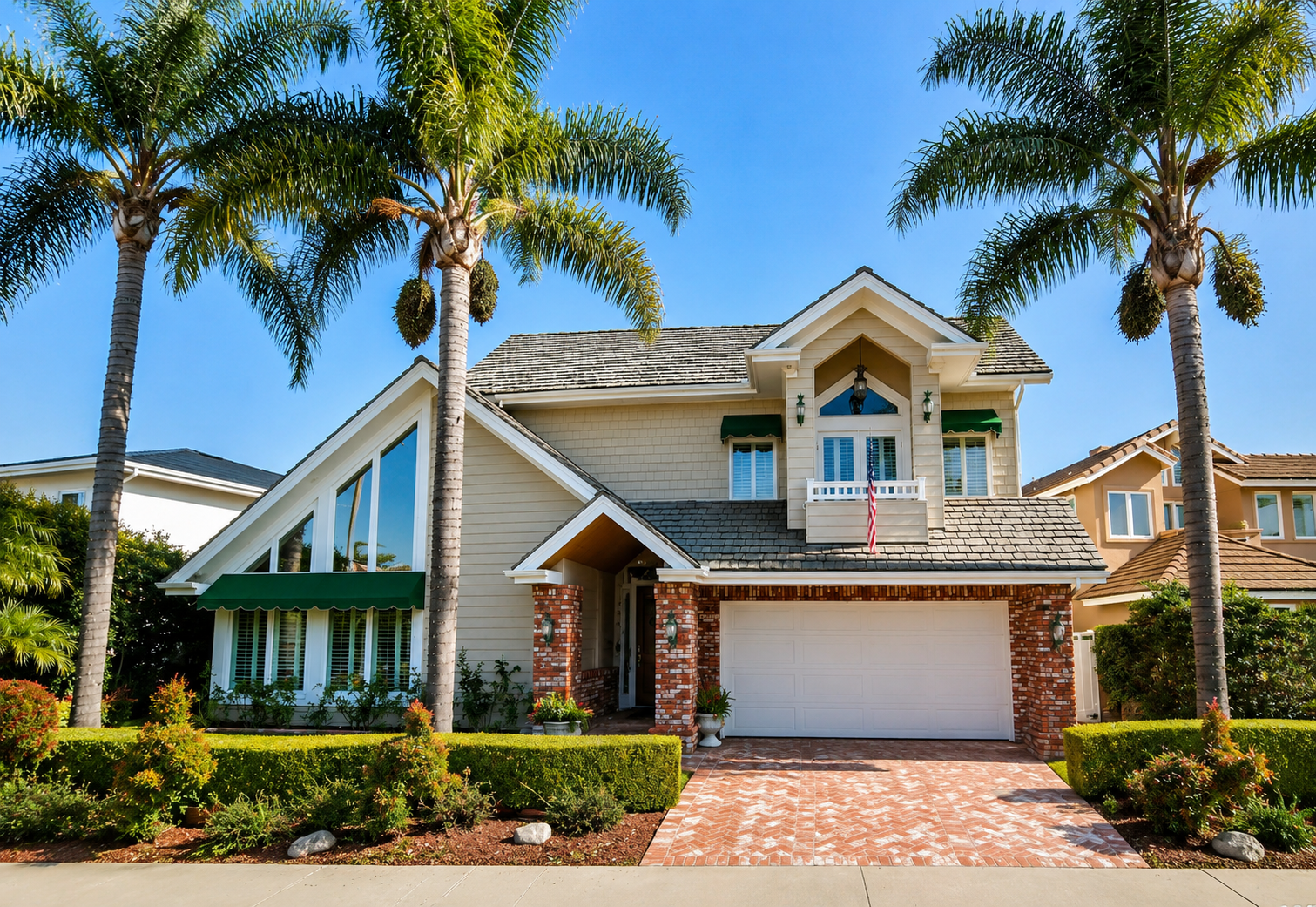 A two story wood home with a steep roof and warm lights on at dusk, with a green lawn and garden in front