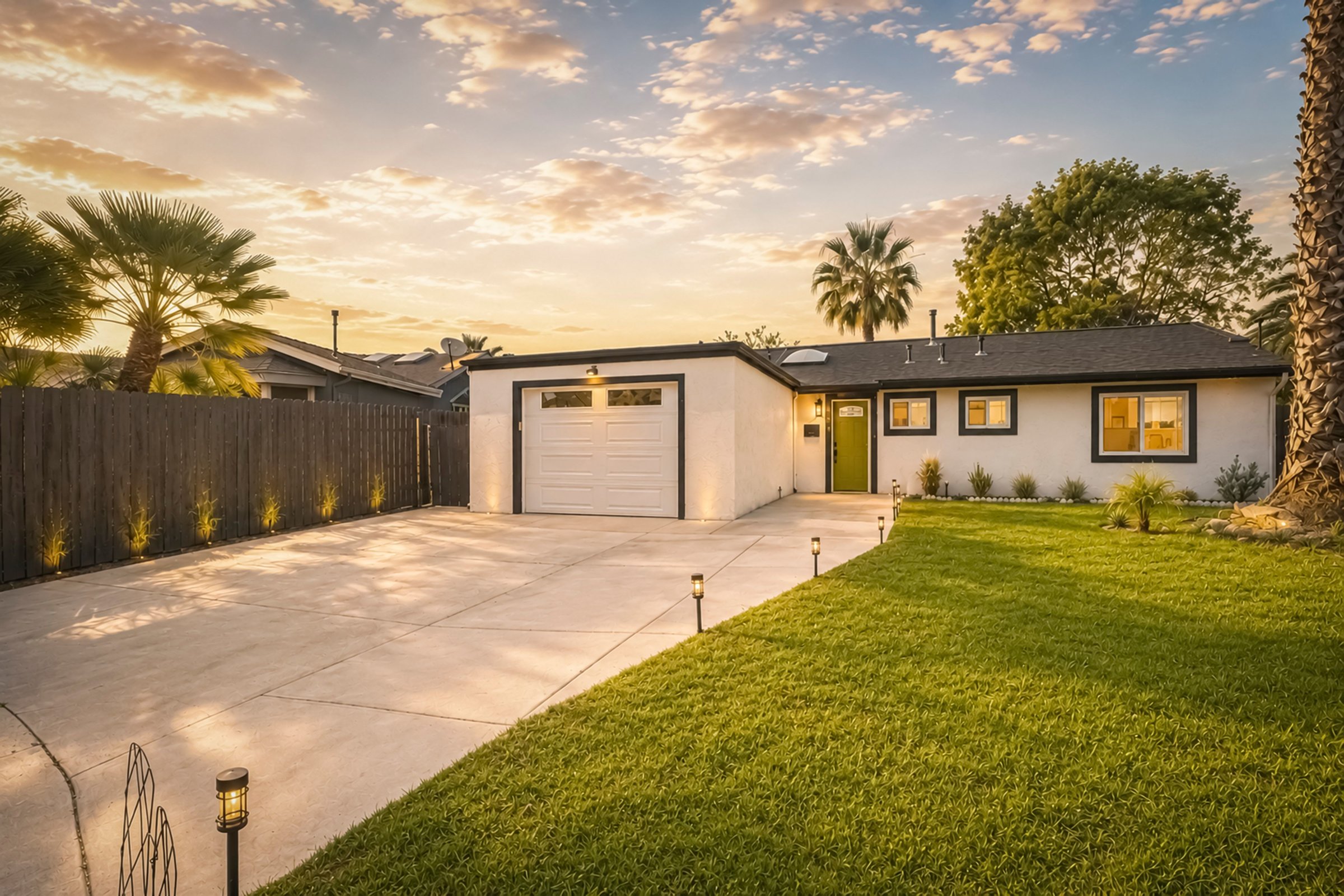 A two story wood home with a steep roof and warm lights on at dusk, with a green lawn and garden in front